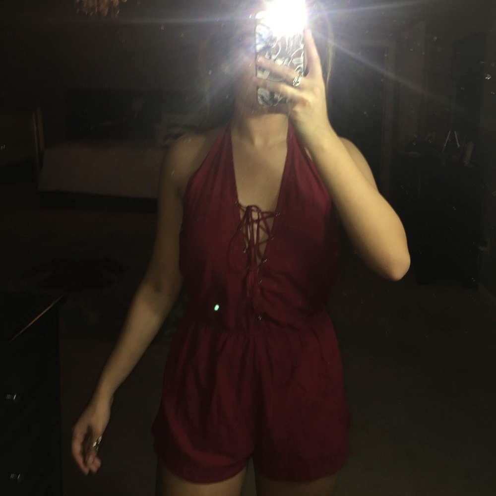 Forever 21 Lace Up Halter Romper, Maroon, Size M